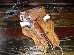 17700 Vintage Pair Gene Autry Toy Cap Gun with Leather Double Western Holster