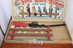 1940s Original Five Wise Birds Game Parker Brothers with Rubber band Gun Target