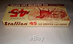 1950 Nichols STALLION 45 DC Nickel Cap Gun w Vtg Box + 6 Cartridges withVtg Bx