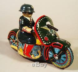 1950's Tin Friction Police Motorcycle Motorbike Driver Gun Sato Japan