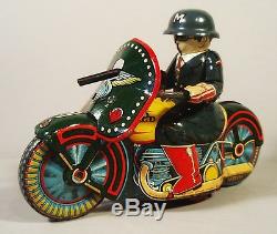 1950's Tin Friction Police Motorcycle Motorbike Driver Gun Sato Japan