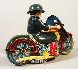 1950's Tin Friction Police Motorcycle Motorbike Driver Gun Sato Japan