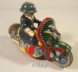 1950's Tin Friction Police Motorcycle Motorbike Driver Gun Sato Japan