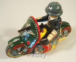 1950's Tin Friction Police Motorcycle Motorbike Driver Gun Sato Japan