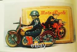 1950's Tin Friction Police Motorcycle Motorbike Driver Gun Sato Japan