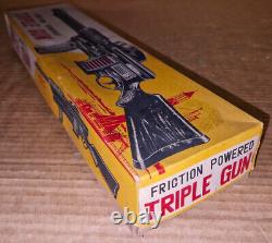 1960's Horikawa Japan Triple Machine Gun Tin Litho Friction Powered Toy & Box