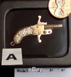 24K Gold Plated Vintage Antique Miniature Cap Gun Pistol, Watch Chain Fob Charm