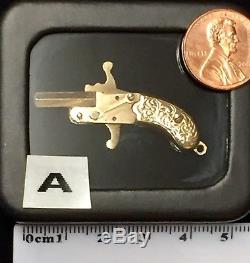 24K Gold Plated Vintage Antique Miniature Cap Gun Pistol, Watch Chain Fob Charm