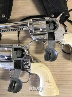 2 Mattel 1950s 60s Fanner 50 Toy Cap Guns Pistol with Antelope Grips In holsters