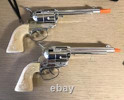 2 Mattel 1950s 60s Fanner 50 Toy Cap Guns Pistol with Antelope Grips In holsters