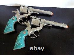 2 ORIGINAL HUBLEY TEXAN 38 CAP GUNS with TURQUOISE GRIPS & HOLSTER SET