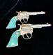 2 Vintage Hubley Western Cowboy Diecast Cap Toy Gun Turquoise Steer Head Grips
