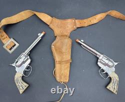 2 Vintage Western Cowboy Mattel Fanner 50 Toy Cap Gun with Leather Holster