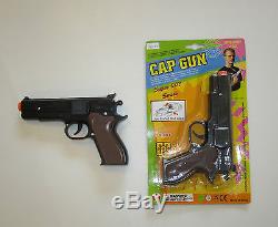 3 New Black Toy Cap Guns 7 Police Pistol Super 007 Revolver Fires 8 Ring Caps