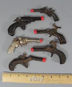 6 Antique Cast Iron Western Cowboy Toy Cap Guns, Double Barrel, Teaser, Ranger