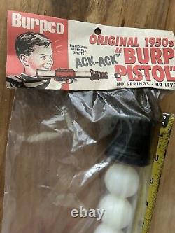 90's vintage ACK ACK BURP Toy Gun NOS Original 1950s Label + Bag Of Balls