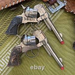 Antique 1950's Roy Rogers Toy Cap Guns and Leather Holster Rare Metal Handles
