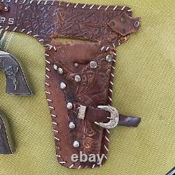 Antique 1950's Roy Rogers Toy Cap Guns and Leather Holster Rare Metal Handles