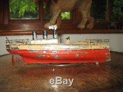 Antique Gun Boat Old Tin Toy Ship Staudt Carette 1910 Tinplate Clockwork Germany