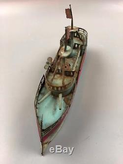 Antique Pre War USA Flag Tin Battleship Steam Ship Gun Boat Wind Up Wheel Toy