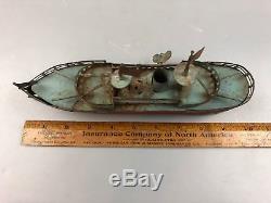 Antique Pre War USA Flag Tin Battleship Steam Ship Gun Boat Wind Up Wheel Toy