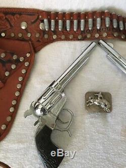 Antique Roy Rogers Leather Holster Belt Cap Gun Set Wood Bullets