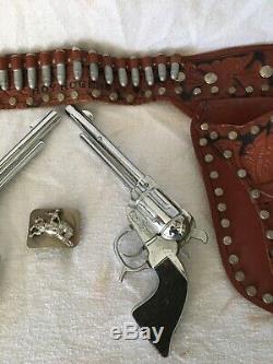 Antique Roy Rogers Leather Holster Belt Cap Gun Set Wood Bullets