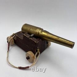 Beautiful Vintage Hand-made Brass Wood Kids Toy Military Gun Cannon