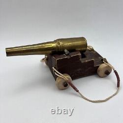 Beautiful Vintage Hand-made Brass Wood Kids Toy Military Gun Cannon