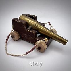 Beautiful Vintage Hand-made Brass Wood Kids Toy Military Gun Cannon