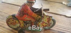 LOUIS MARX & CO MOTORCYCLE TOY Soldier with Gun windup MOTORCYCLE Litho Tin Toy