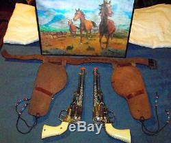 PAIR HUBLEY COLT 45's WITH HUBLEY COLT 45 HOLSTER CAP GUN SET 3D HORSE PICTURE
