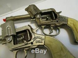 RARE 1940 STEVENS BUFFALO BILL NICKEL PLATED CAST IRON CAP GUNS WithHOLSTER