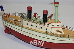 Rare Antique German Carrettte Tin Painted Wind Up 2 Stack Gun Boat Ship EX L@@K