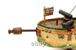 Rare Antique Reed Rover Wooden Battleship Gun Boat with Firing Cannon 1890's