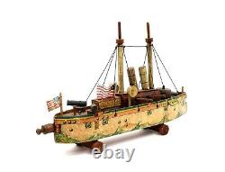 Rare Antique Reed Rover Wooden Battleship Gun Boat with Firing Cannon 1890's