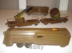 Rare Marx prewar ARMY Floor TRAIN with Working A-A Gun Orig 4 pc 1940 wyandotte