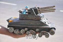 Rare Vintage Big'Y' Trademark Go Back Litho Double Gun War Tank Tin Toy, Japan