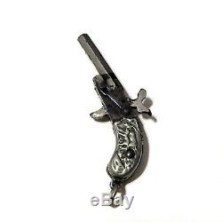 Rare Vtg Miniature Berloque Pistol Pinfire Gun Fob Embossed Boar Hunting Dogs