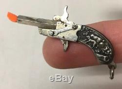 Rare Vtg Miniature Cap Gun Fob Charm Embossed Silver Boar Deer Hunting Dog Grips