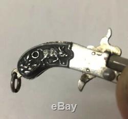 Rare Vtg Miniature Cap Gun Fob Charm Embossed Silver Boar Deer Hunting Dog Grips