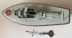 SUTCLIFFE FURY TINPLATE CLOCKWORK TORPEDO GUN BOAT 1950s WITH MAST + KEY