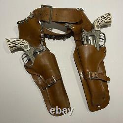 VINTAGE HUBLEY TOY GUNS Cowboy COLTS & LEATHER HOLSTER 1960s Stag Grips wes