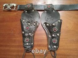 VINTAGE LONE RANGER Western Leather Twin Cap Gun Holster Set Black and Silver