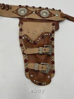 VTG Roy Rogers Double Leather Cap Gun Holster Rare Red Jewels Fancy Official 50s