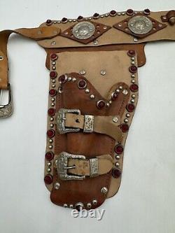 VTG Roy Rogers Double Leather Cap Gun Holster Rare Red Jewels Fancy Official 50s