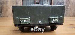 Vintage 1950's Japan Tin Army Patrol Jeep Bump And Go With Machine Gun And Siren