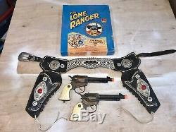 Vintage 1950s Deluxe Lone Ranger Double Holster Actoy Copper Guns Bone Grips Box