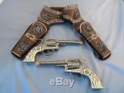Vintage 1950s Texas Ranger Cap Guns & Leather Holster Set By HALCOWorking Cond