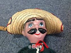 Vintage 1970's Mexican Bandito Marionette Puppet with Sombrero and Guns Mexico